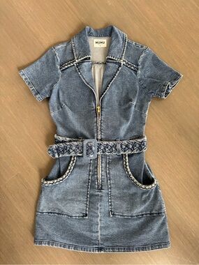 Show Me Your MuMu Light Blue Denim Dress with Braided Trim